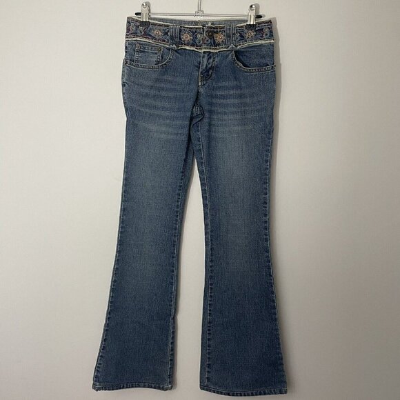 Bohemian Flared Jeans Womens 25/30 Blue Denim Embroidered Lace Hippie Boho 90s - Picture 2 of 11